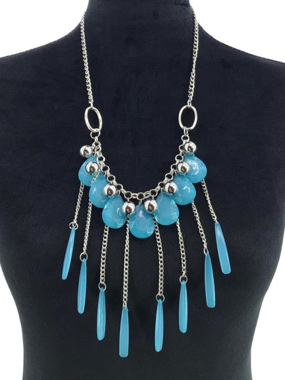 Teardrop Beaded Chain Fringe Necklace 24 Inch Length Blue Silver Tone